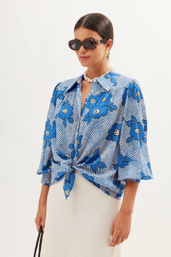 Rixo Blake Cotton Shirt Milos Floral Blue