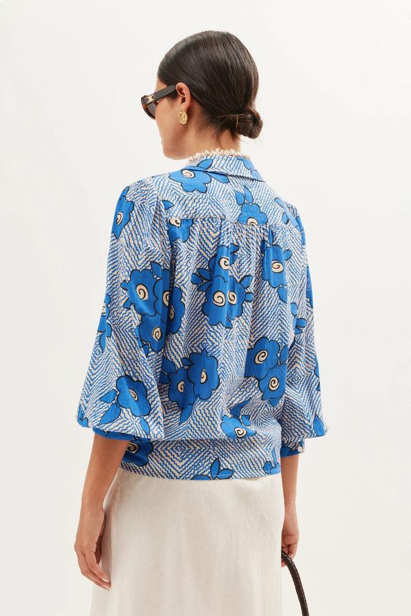 Rixo Blake Cotton Shirt Milos Floral Blue
