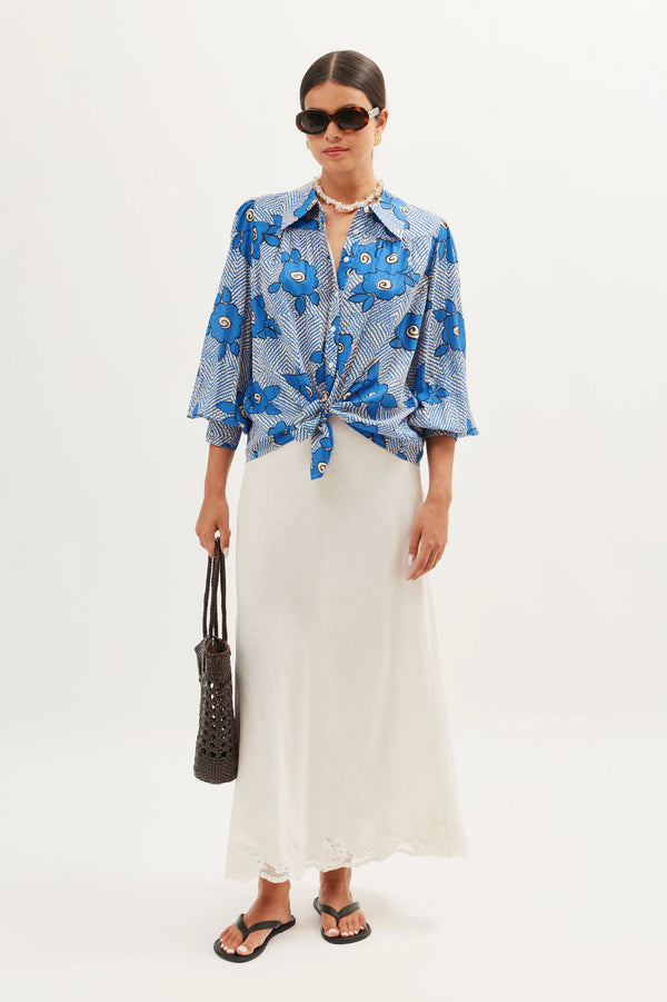 Rixo Blake Cotton Shirt Milos Floral Blue