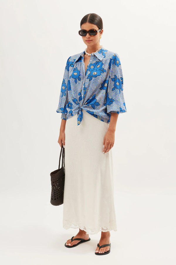 rixo Blake Cotton Shirt Milos Floral Blue