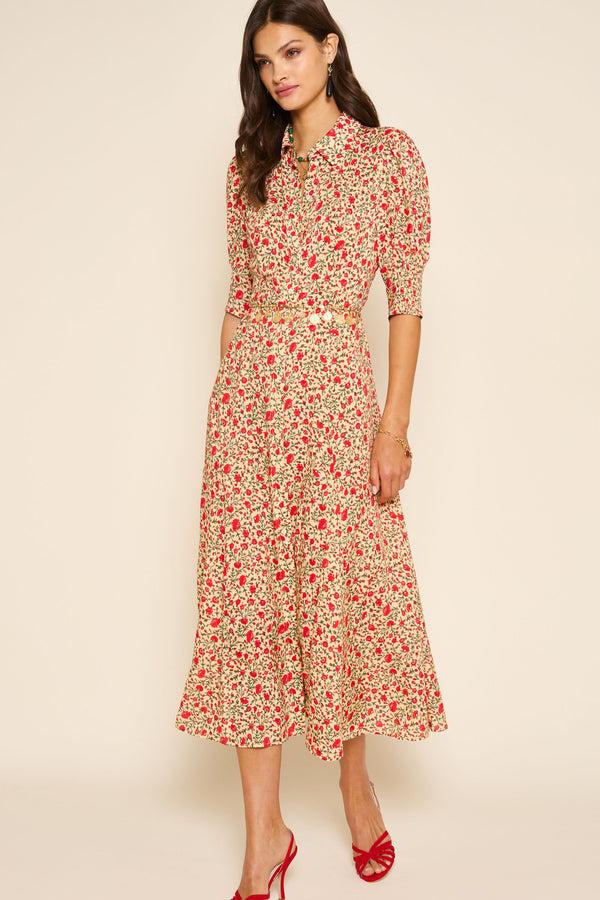Rixo Bloom Shirt Dress Ditsy Trail Cream