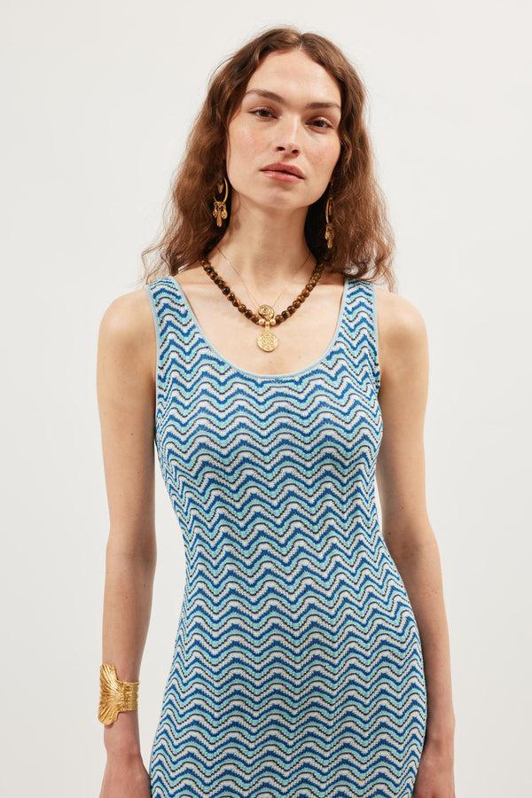 Rixo Bondi Midi Dress Shell Wave Yarn Dyed Blue