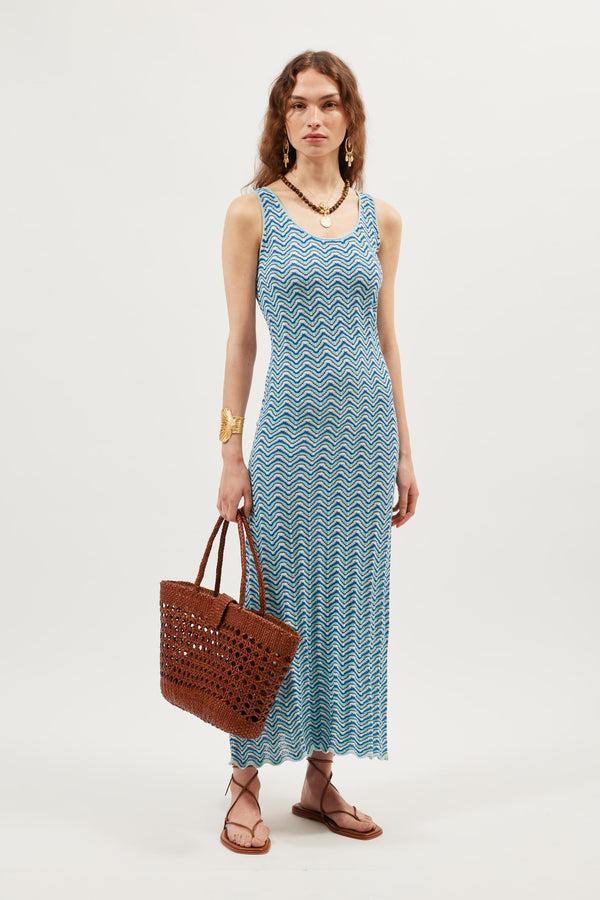 rixo Bondi Midi Dress Shell Wave Yarn Dyed Blue