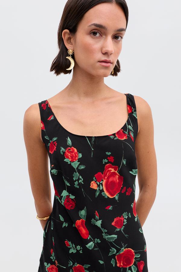 Rixo Bondi Silk Midi Dress Claudia Rose Black
