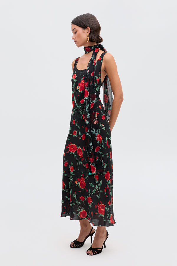 Rixo Bondi Silk Midi Dress Claudia Rose Black