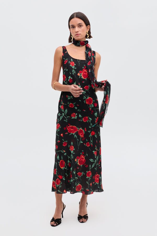 rixo Bondi Silk Midi Dress Claudia Rose Black