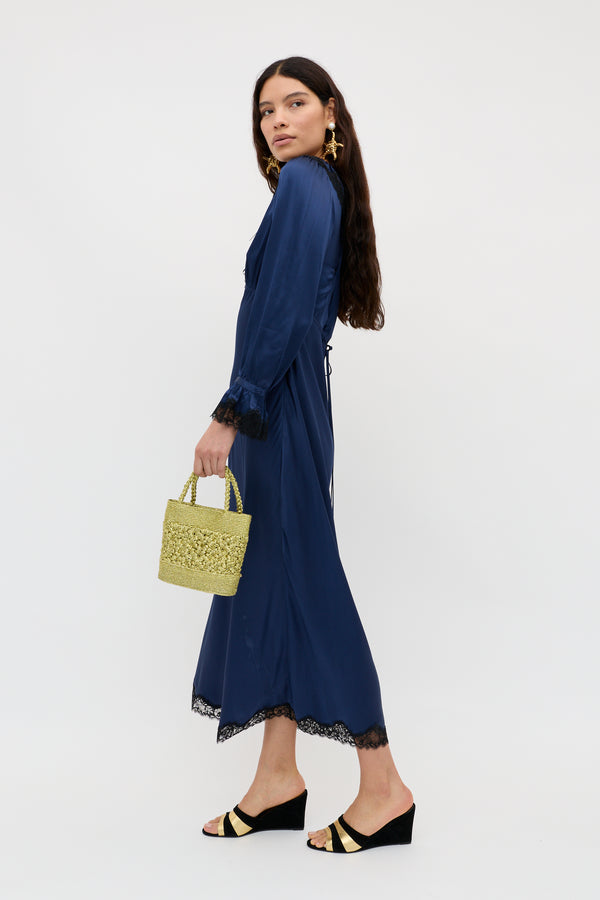 Rixo Brecia Satin Midi Dress Midnight Navy