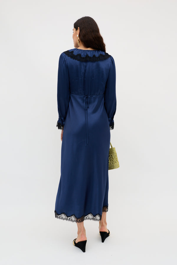 Rixo Brecia Satin Midi Dress Midnight Navy