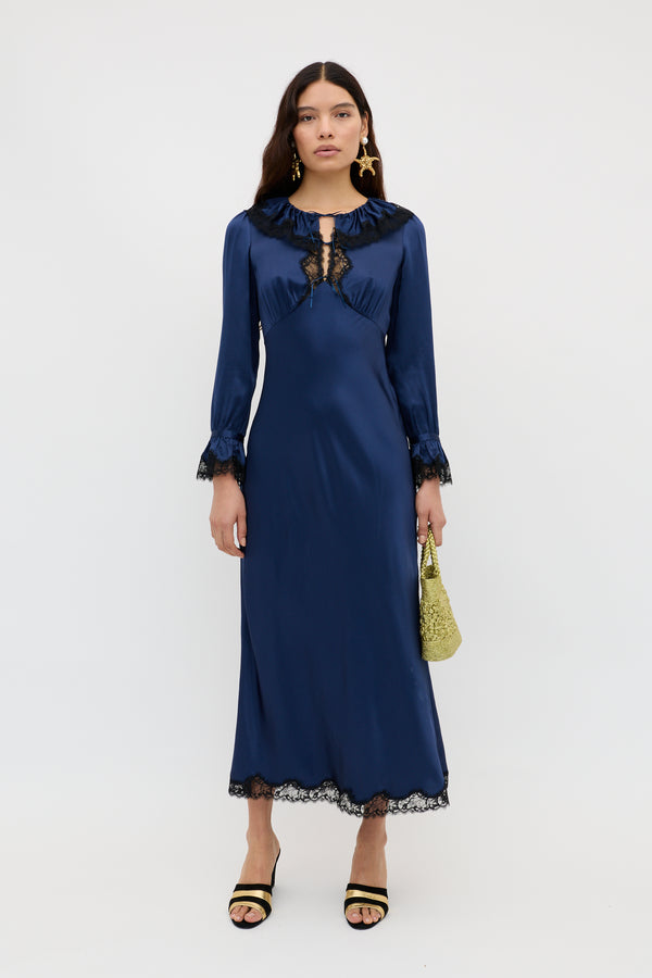 rixo Brecia Satin Midi Dress Midnight Navy