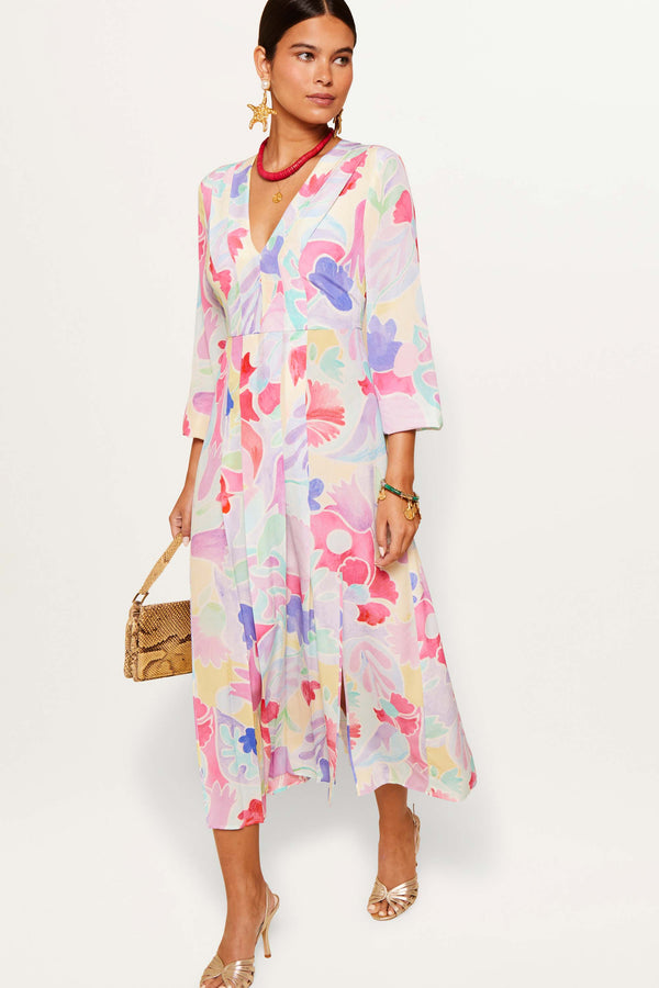 Rixo Camellia Silk Midi Dress Abstract Tulip Ivory