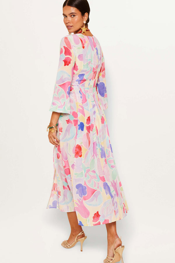 Rixo Camellia Silk Midi Dress Abstract Tulip Ivory