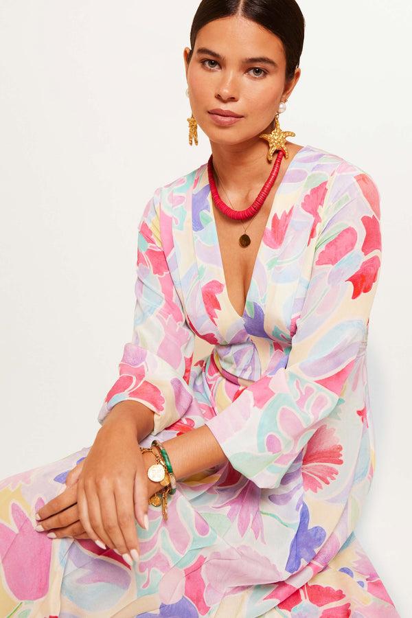 Rixo Camellia Silk Midi Dress Abstract Tulip Ivory