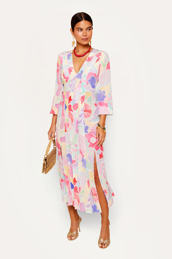 rixo Camellia Silk Midi Dress Abstract Tulip Ivory
