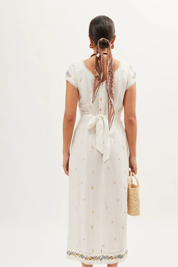 Rixo Carey Line Midi Dress Meadow Embroidery Ivory