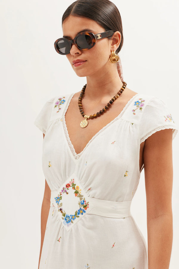 Rixo Carey Line Midi Dress Meadow Embroidery Ivory