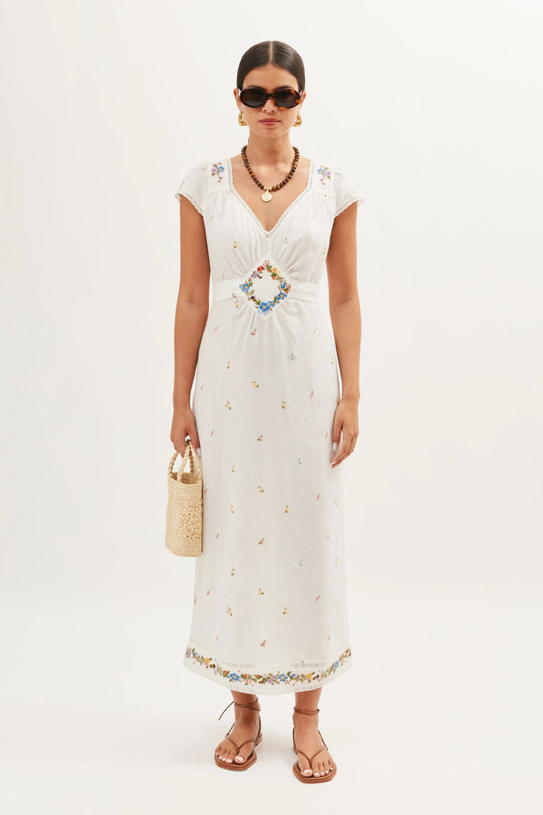 rixo Carey Line Midi Dress Meadow Embroidery Ivory