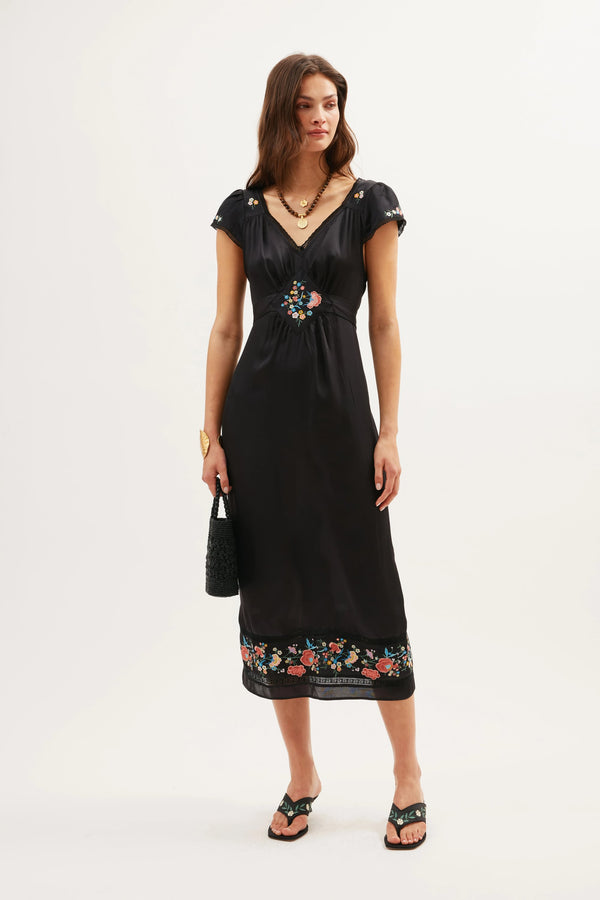 Rixo Carey Midi Dress Orchard Embroidery Black