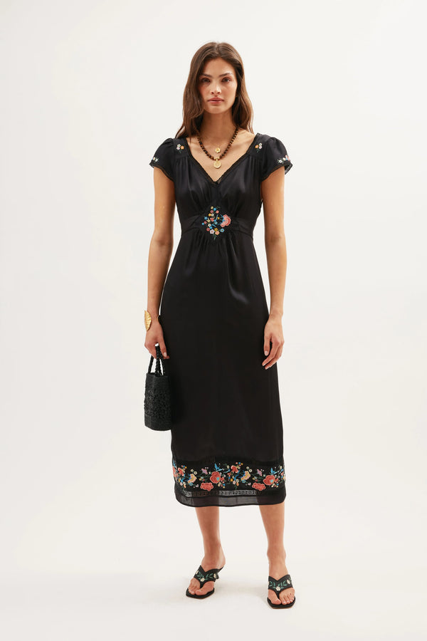 rixo Carey Midi Dress Orchard Embroidery Black