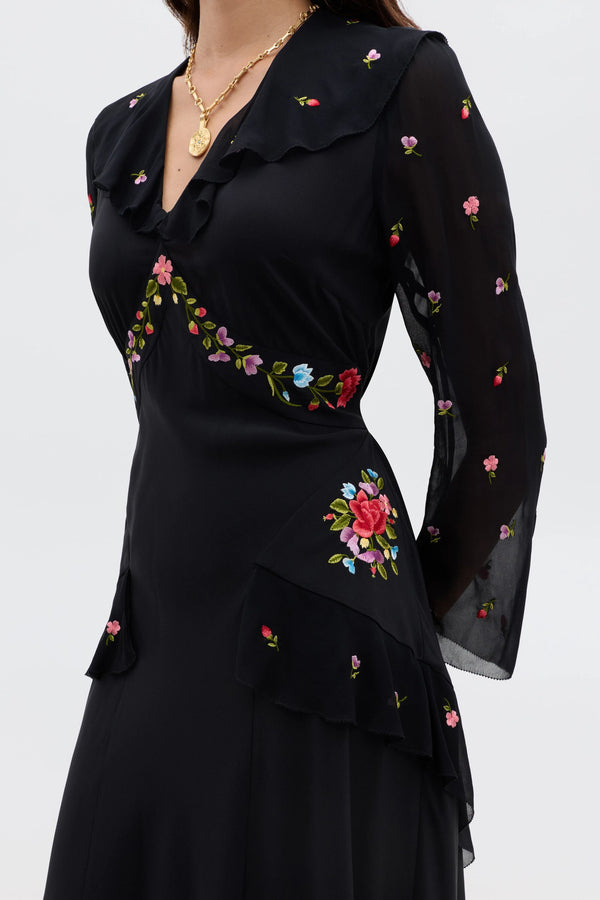 Rixo Cedar Silk Dress Bouquet Embroidery Black