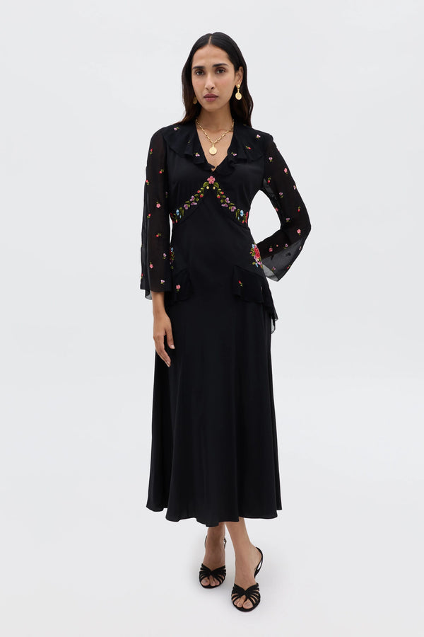 rixo Cedar Silk Dress Bouquet Embroidery Black