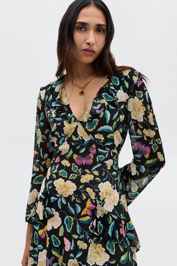 Rixo Cedar Silk Dress Butterfly Floral Charcoal