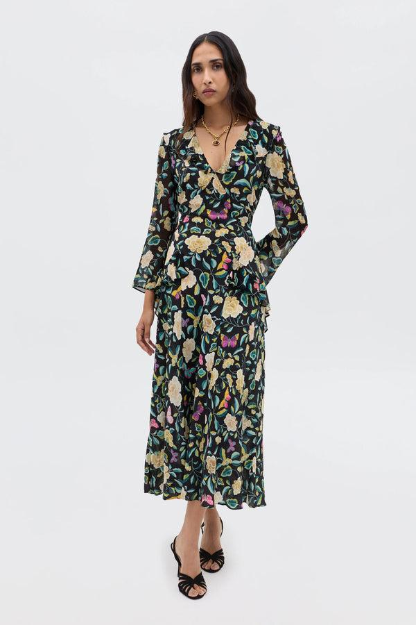 rixo Cedar Silk Dress Butterfly Floral Charcoal