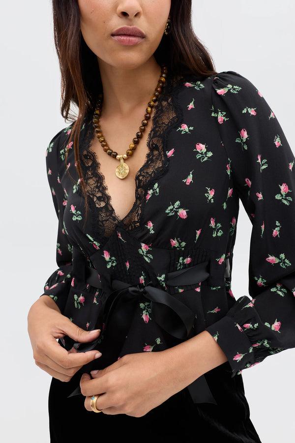 Rixo Charis Silk Top Sienna Bud Black