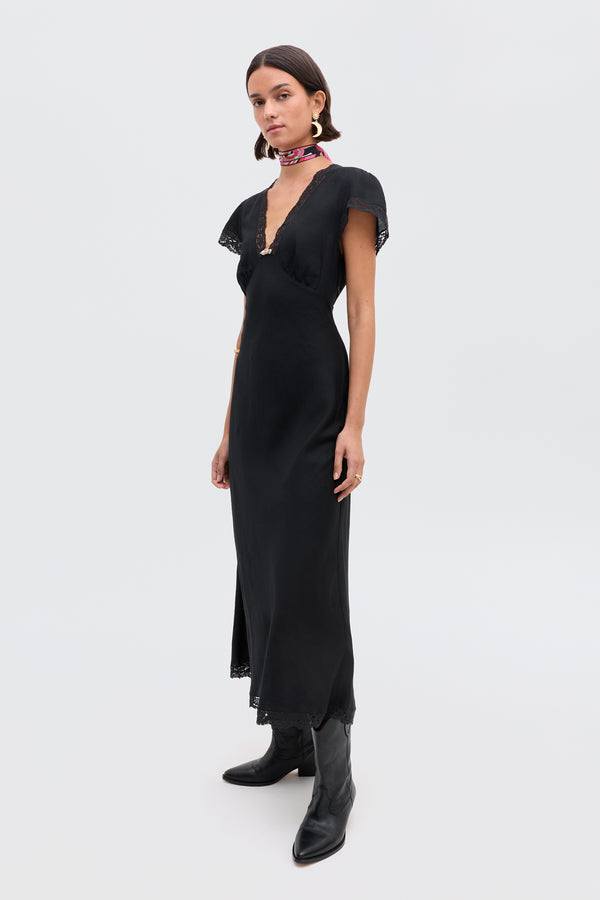 Rixo Clarice Linen Midi Dress Black
