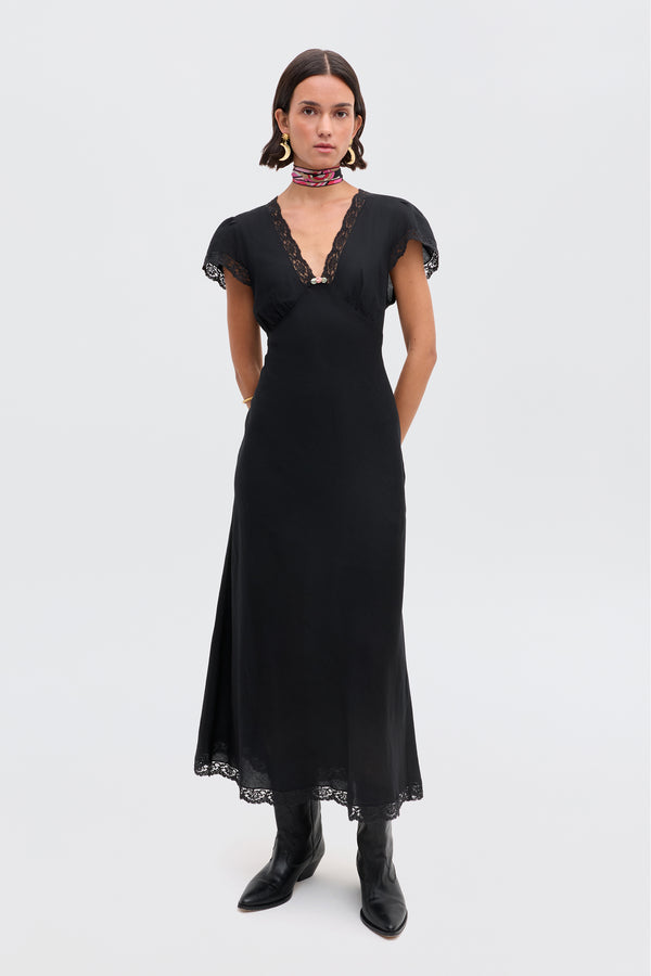 rixo Clarice Linen Midi Dress Black
