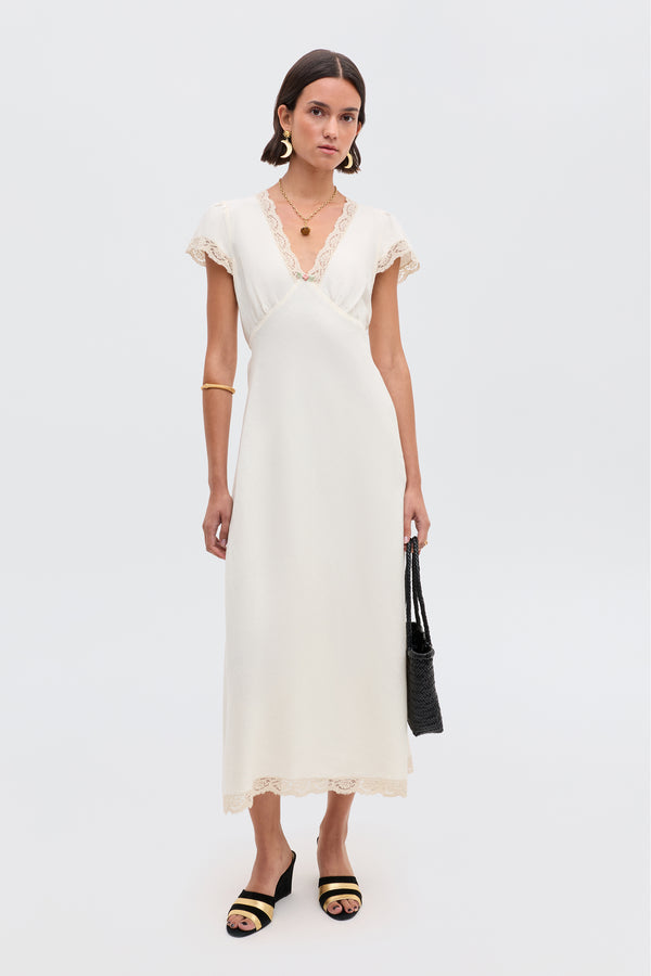 rixo Clarice Linen Midi Dress Cream