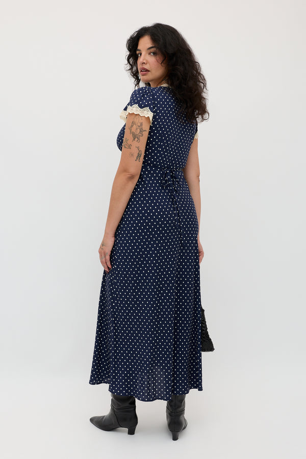 Rixo Clarice Midi Dress Polka Dot Navy