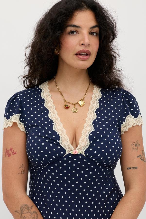 Rixo Clarice Midi Dress Polka Dot Navy