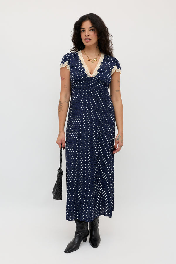 rixo Clarice Midi Dress Polka Dot Navy