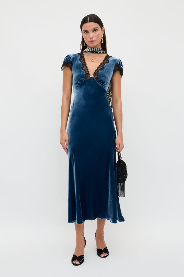 Rixo Clarice Velvet Dress Steel Blue