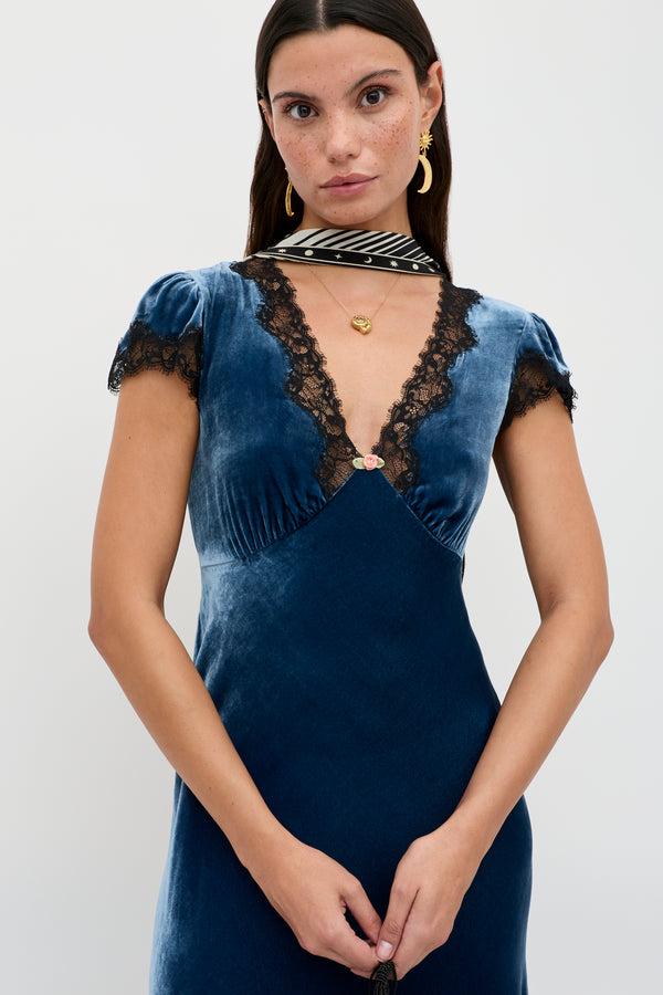 Rixo Clarice Velvet Dress Steel Blue