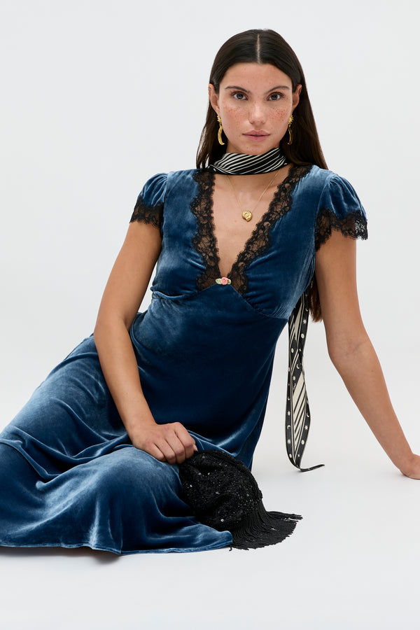 rixo Clarice Velvet Dress Steel Blue