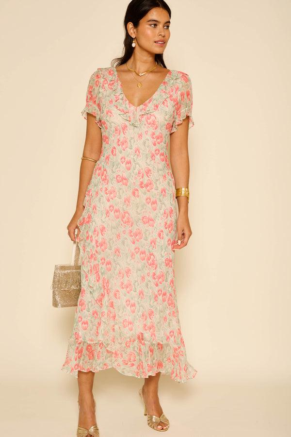 Rixo Clementina Midi Dress Tulip Fields Coral