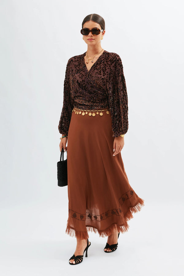 Rixo Cody Silk-Velvet Top Lucia Devore Brown