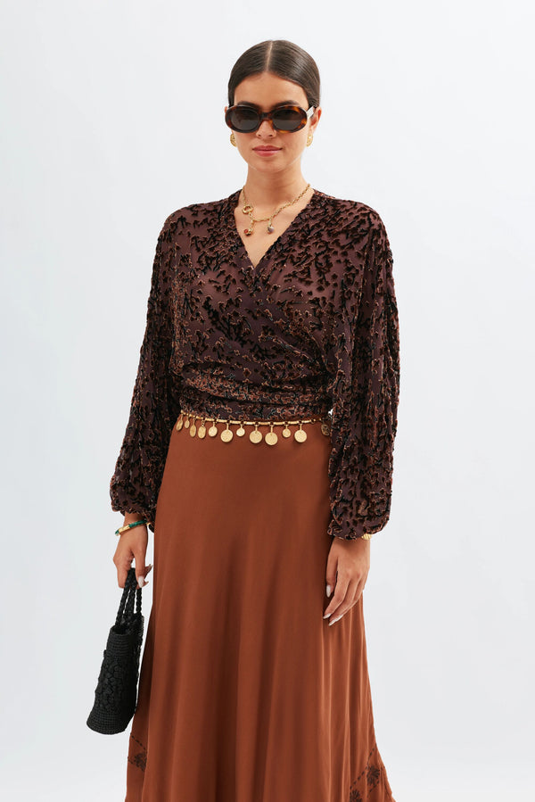 Rixo Cody Silk-Velvet Top Lucia Devore Brown