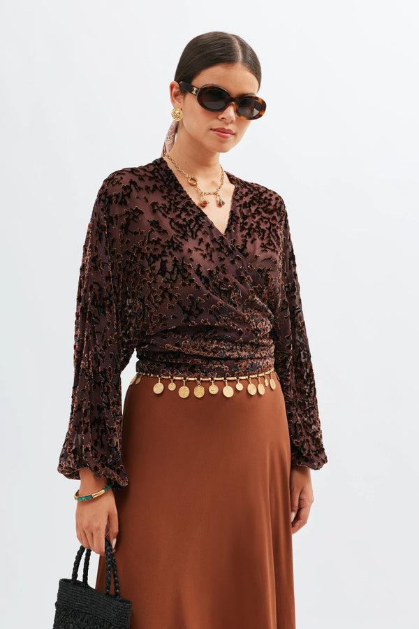 Rixo Cody Silk-Velvet Top Lucia Devore Brown