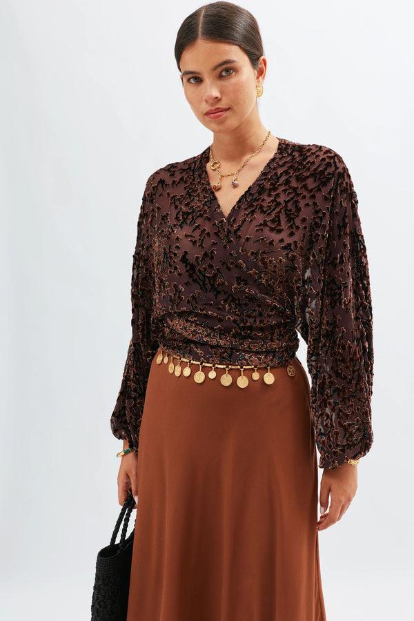 rixo Cody Silk-Velvet Top Lucia Devore Brown