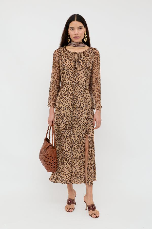 rixo Coralyn Silk Dress Mila Leopard Brown