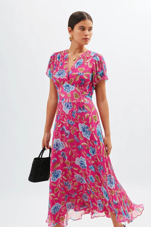 Rixo Corrine Midi Dress Butterfly Floral Magenta