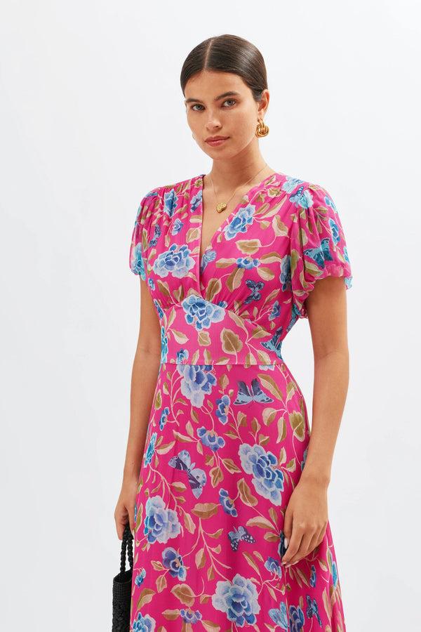 Rixo Corrine Midi Dress Butterfly Floral Magenta