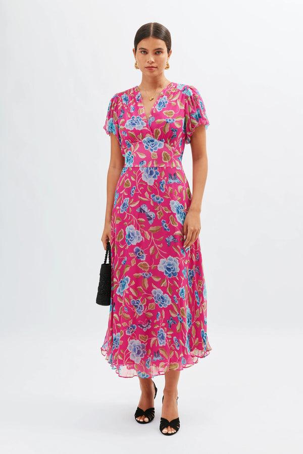 Rixo Corrine Midi Dress Butterfly Floral Magenta