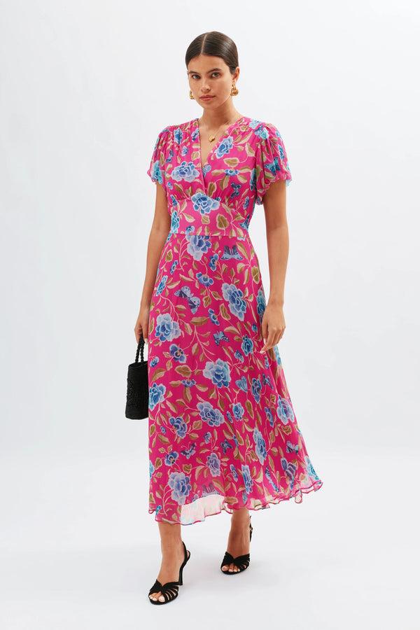 rixo Corrine Midi Dress Butterfly Floral Magenta