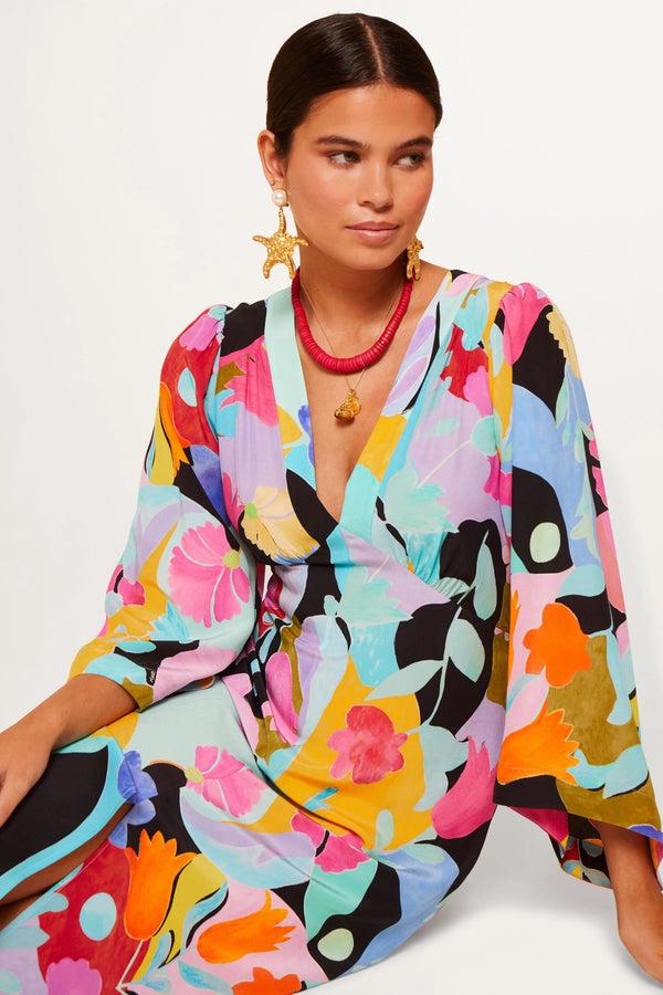 Rixo Dahlia Silk Midi Dress Abstract Tulip Black