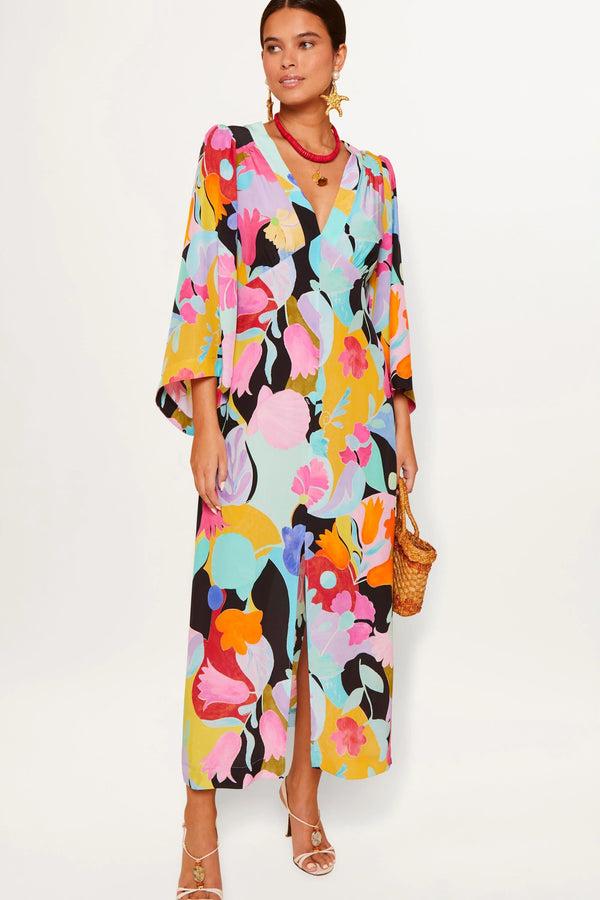 Rixo Dahlia Silk Midi Dress Abstract Tulip Black