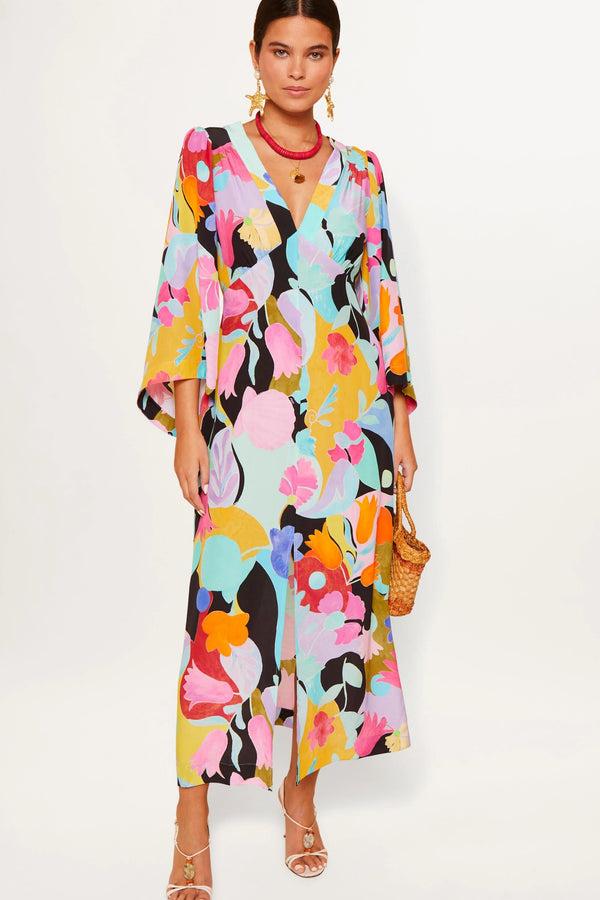 rixo Dahlia Silk Midi Dress Abstract Tulip Black