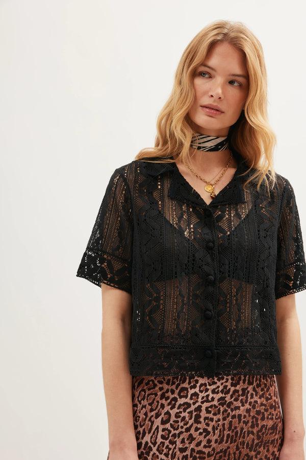 Rixo Diona Crochet Shirt Black